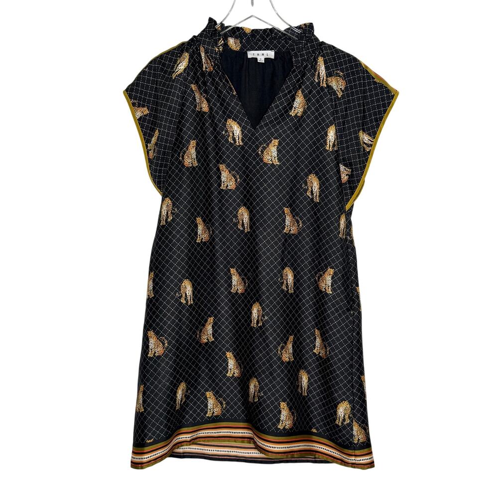 THML Leopard Print Shift Dress S Black Grid Pattern Small Golden Leopards